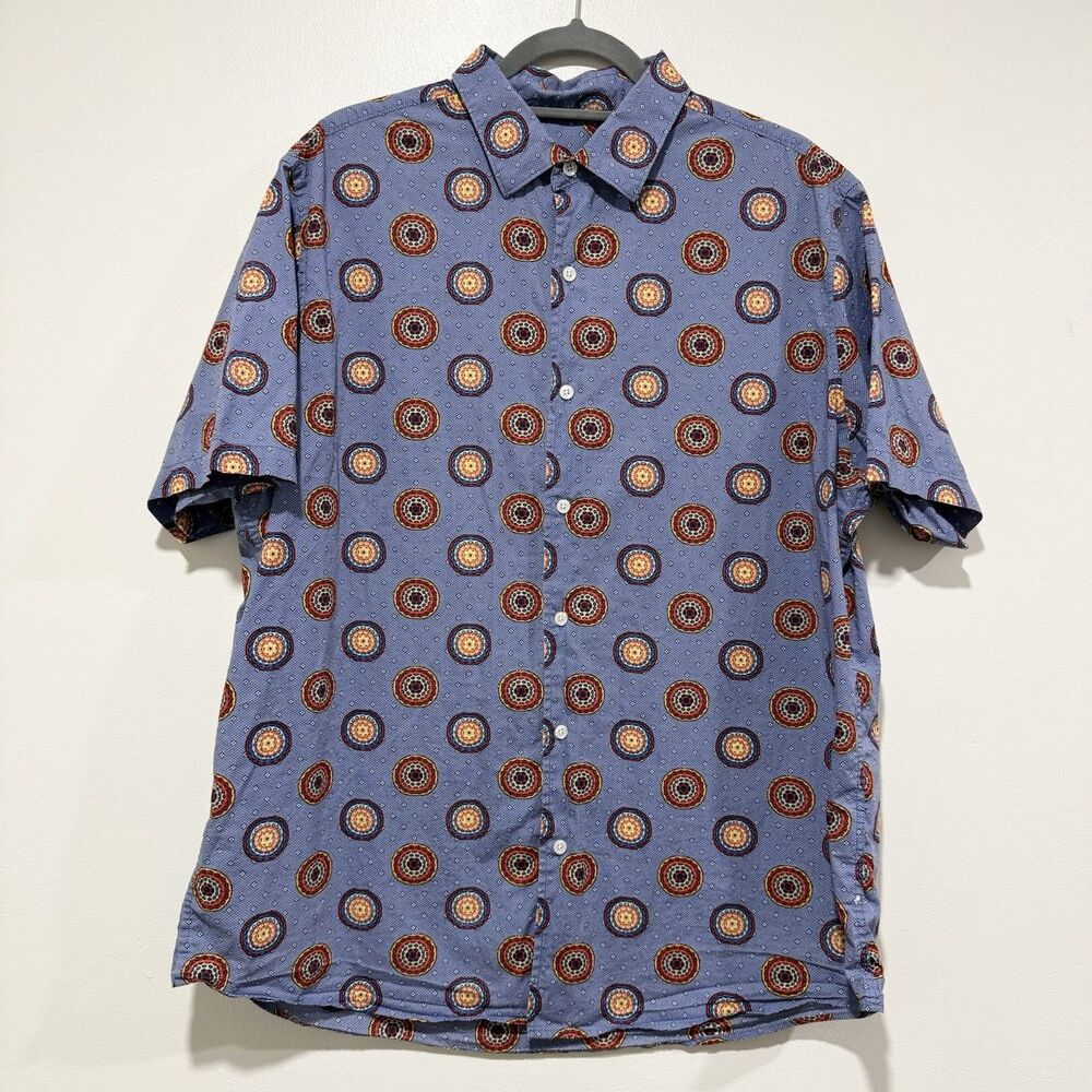 Tasso Elba 100% Cotton Blue Medallion Button Down Shirt Short Sleeve Men’s XL
